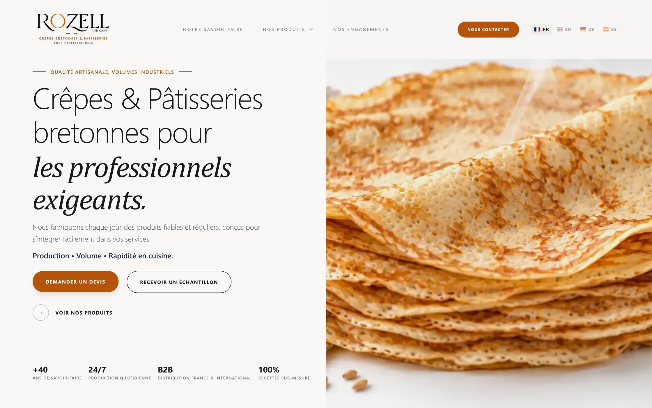 Page d'accueil du site Rozell & Cake : crêpes et pâtisseries bretonnes pour les professionnels